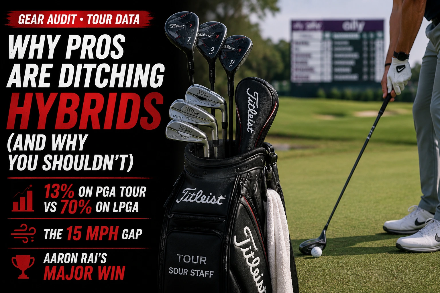 A tour staff golf bag with high-lofted fairway woods and utility irons next to a hybrid at address.