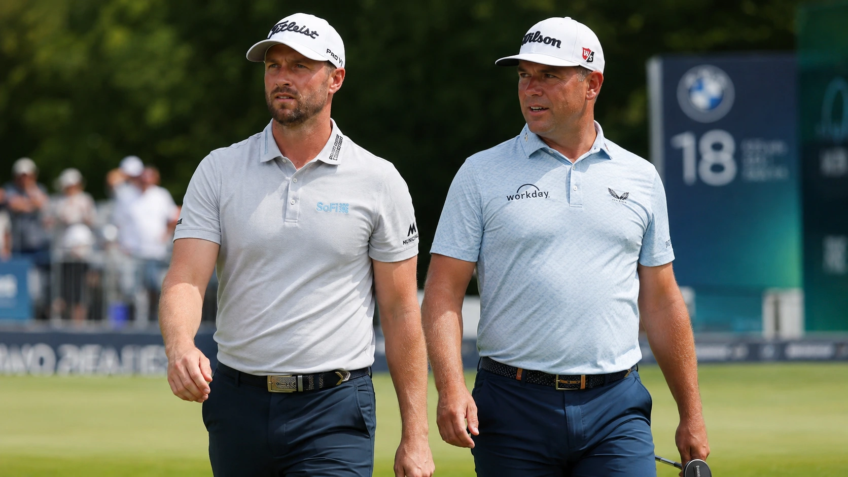 Wyndham Clark and Gary Woodland walking together off the 18th green during the third round of the 2026 BMW Championship at Bellerive.